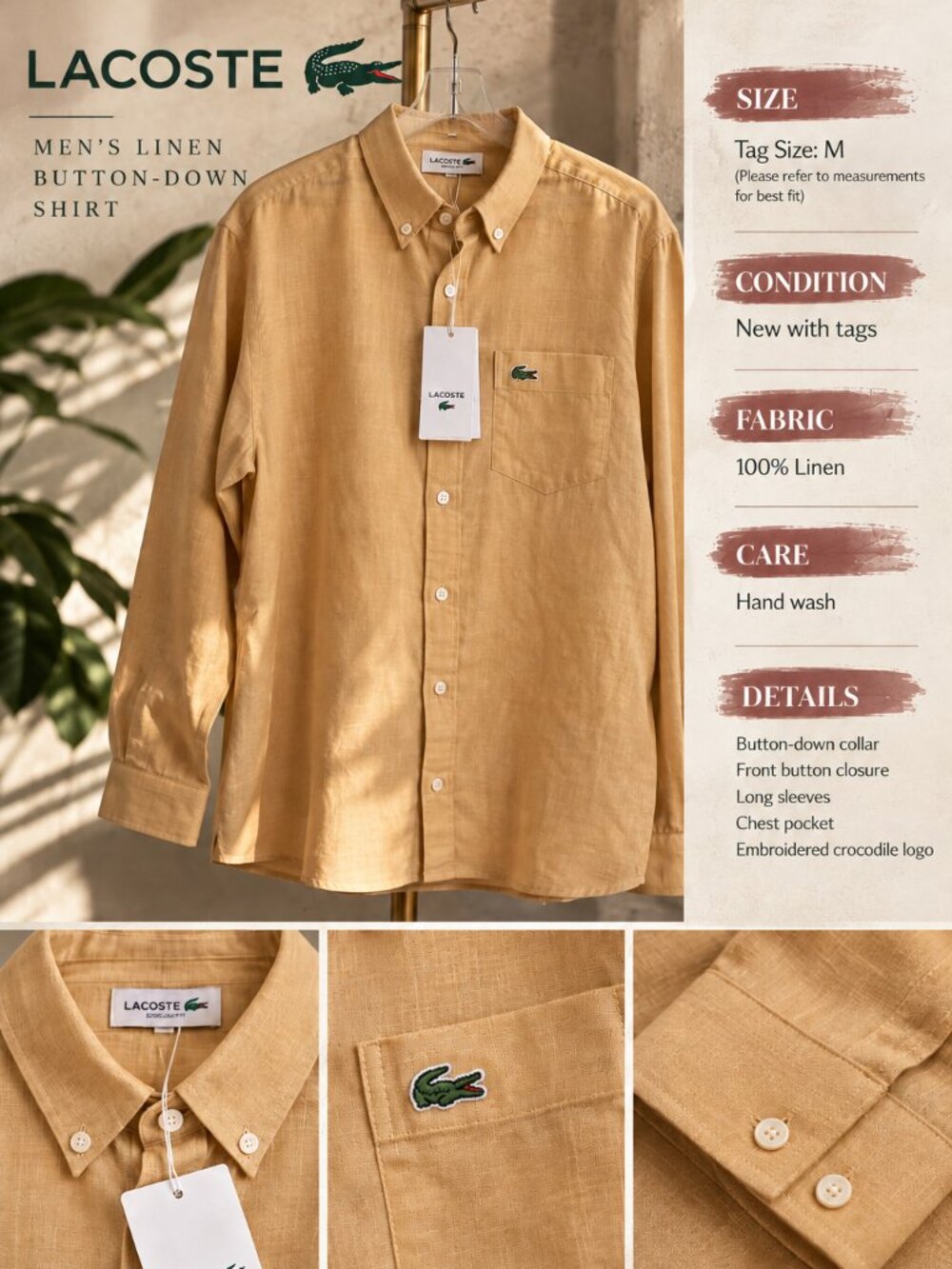 Men's Lacoste Linen Regular Fit Casual Button Down Beige NWT 100% Linen Medium